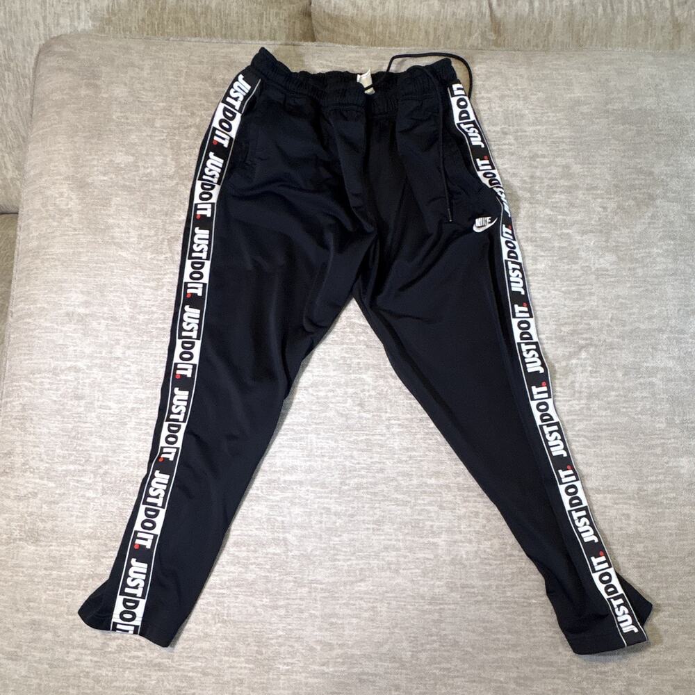 Nike Just Do It Taped Track Pants Black/White Drawstring Pockets Men XXL